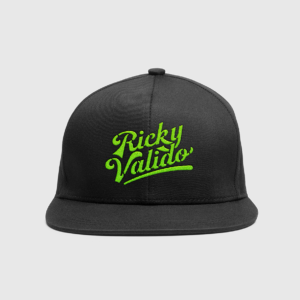 a black cap with green Ricky Valido text